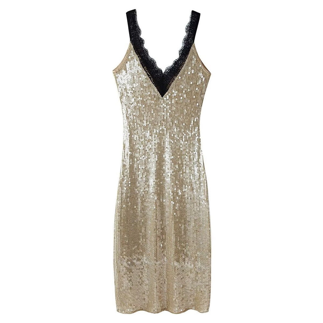 Damen glamouröses Abendkleid mit Pailletten und Spitzenverzierung Drune