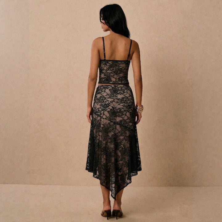 Damen nan Spitzen-Zweiteiler mit Bustier-Croptop und asymmetrischem Midirock Drune