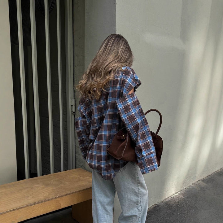 Damen karierte Oversize-Hemdjacke mit Cut-Out-Ärmeln und rohem Saum Drune