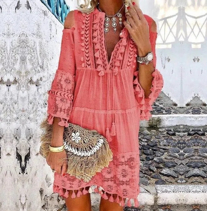 Damen Boho-Tunika mit Spitzendetails und offenen Schultern Drune