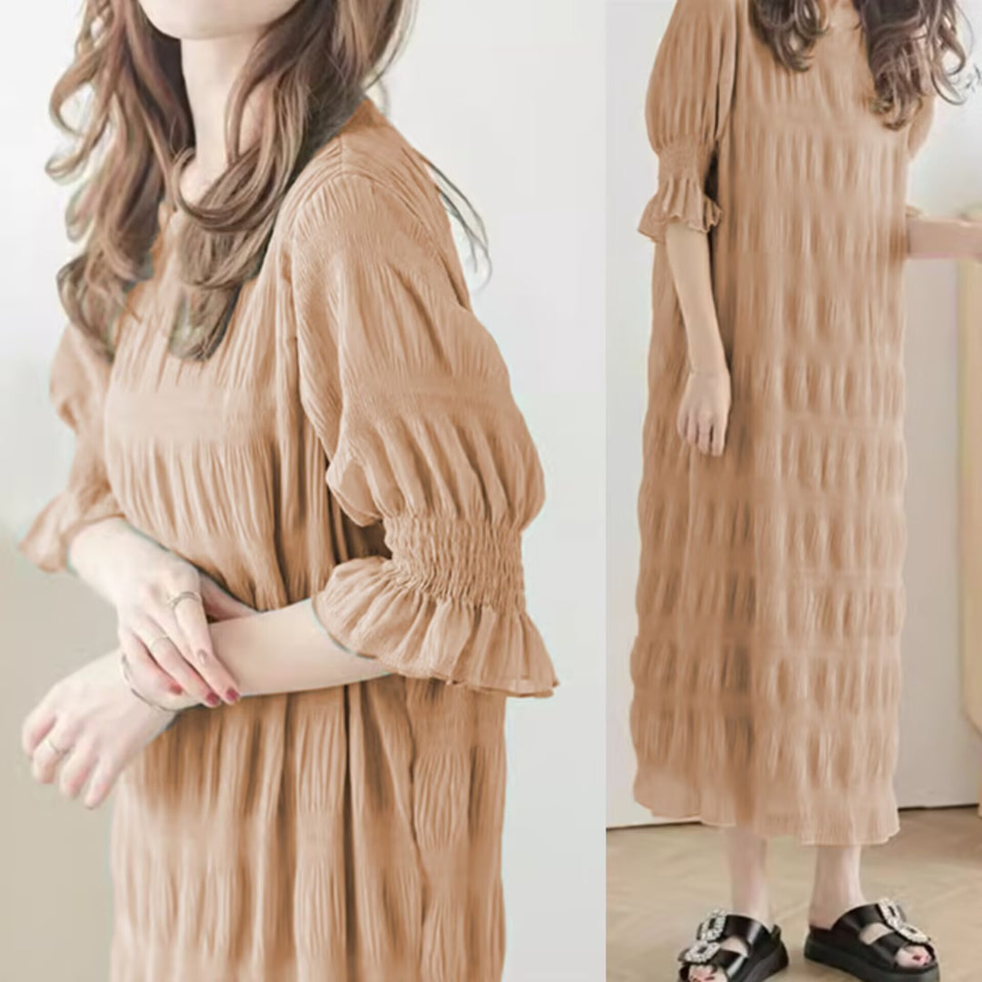 Damen Freizeitliches Maxikleid mit elastischen Puffärmeln und raffiniertem Strukturdesign Drune