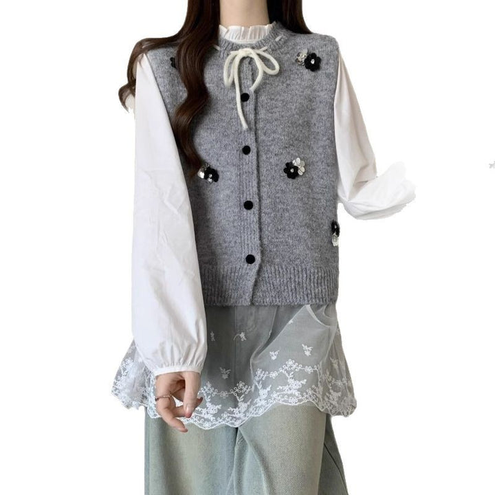 Damen Strickjacke mit dekorativen Blumenapplikationen und Bindeverschluss Drune