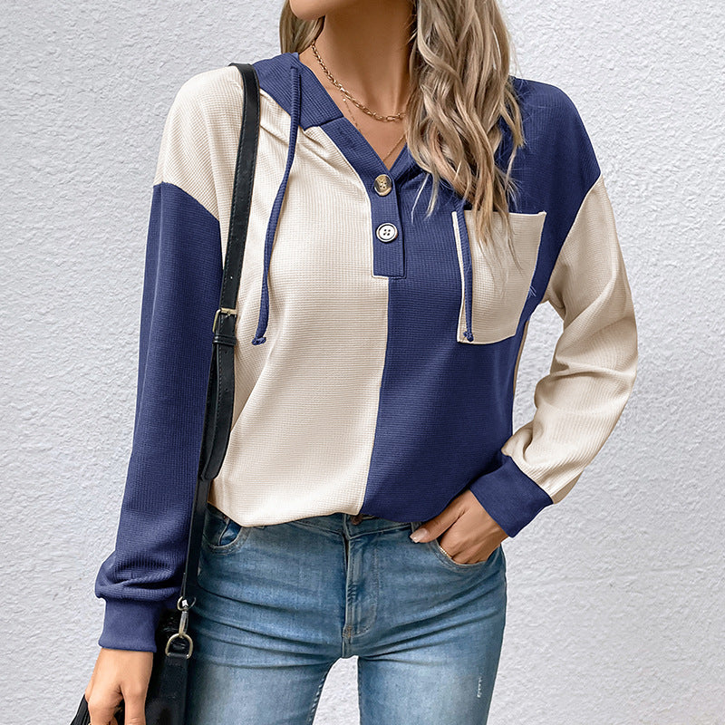 Damen Lässiges Colorblock-Hoodie-Henley mit Waffelstruktur und Brusttasche Drune
