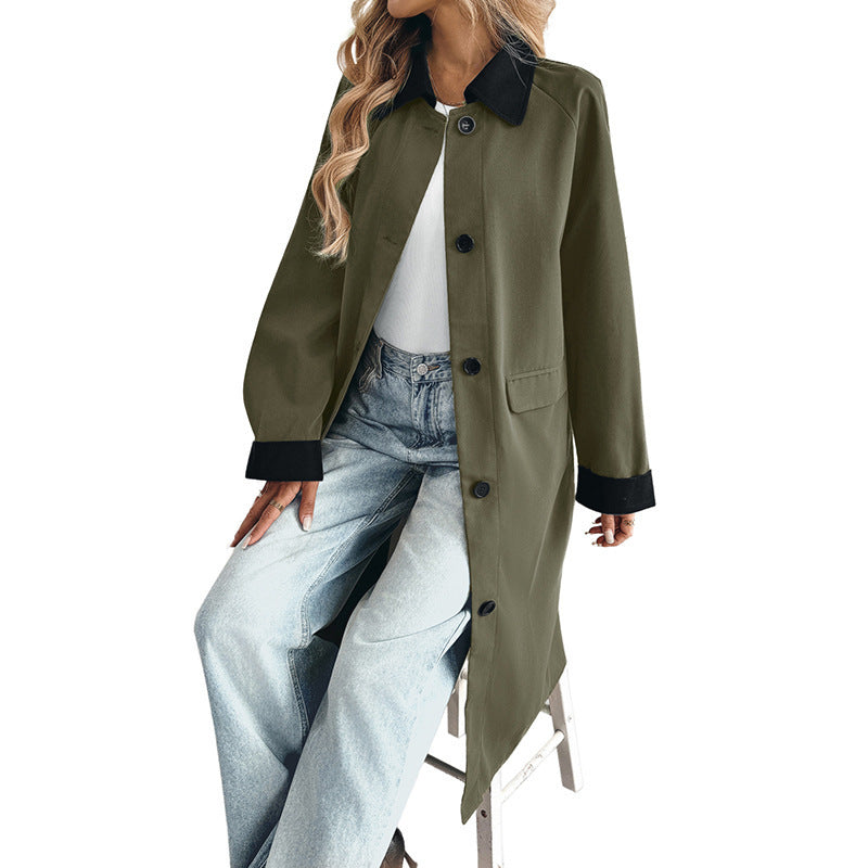 Damen Langer Trenchcoat mit Kontrastkragen und Umschlagmanschetten Drune