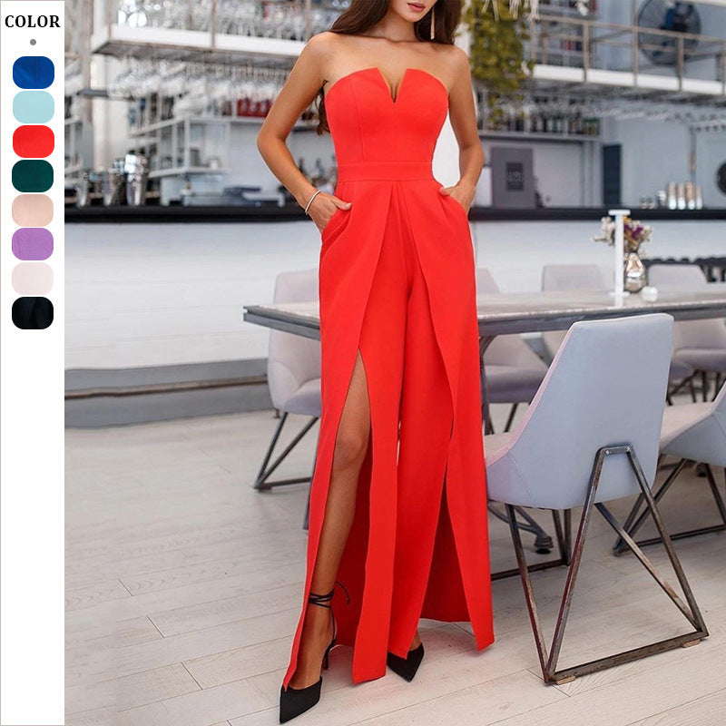 Damen Eleganter Jumpsuit mit schmalen Trägern und seitlichen Eingrifftaschen Drune