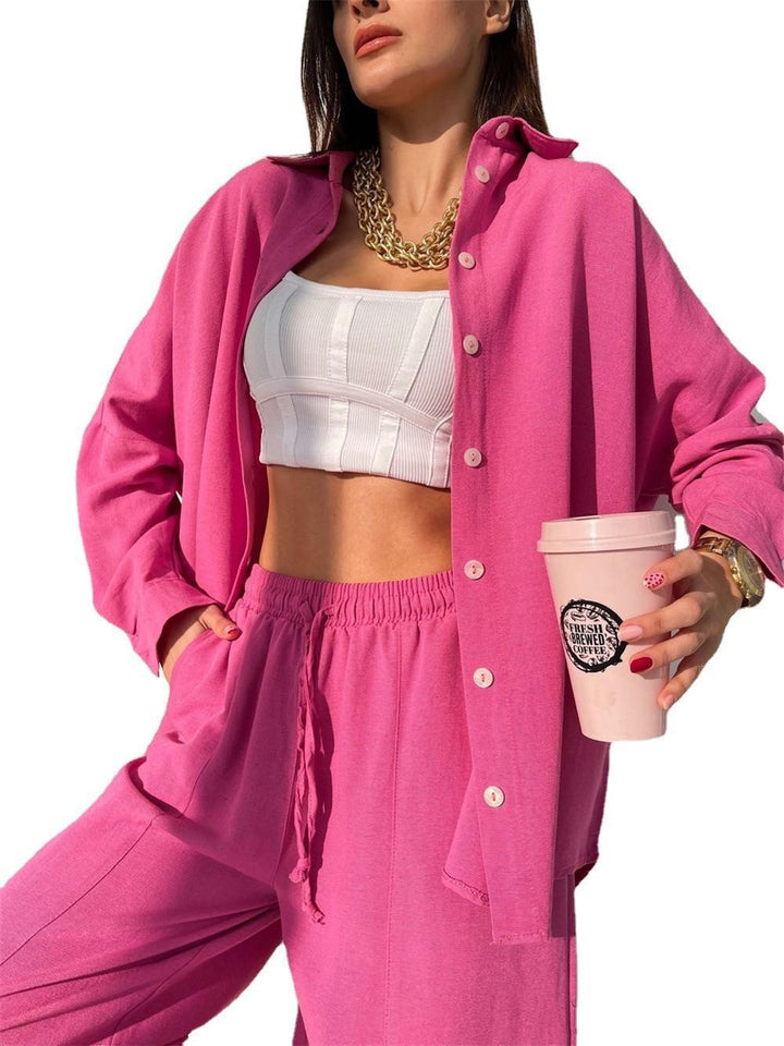 Damen lässiges Sommeroutfit mit übergroßer Bluse und weiten Hosen Drune