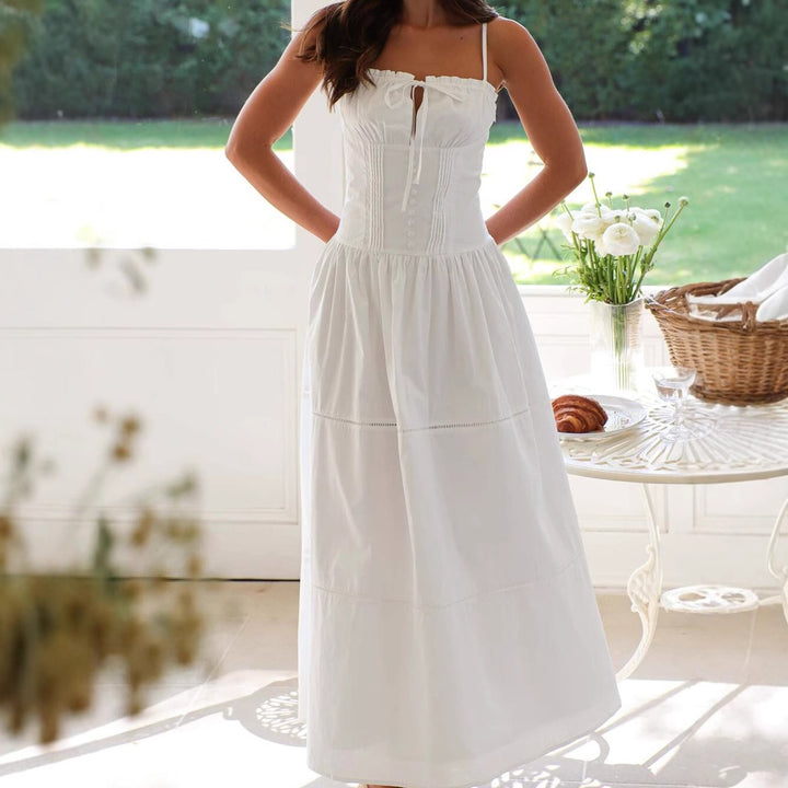 Damen Maxi-Kleid mit gerafftem Oberteil und verstellbaren Trägern Drune