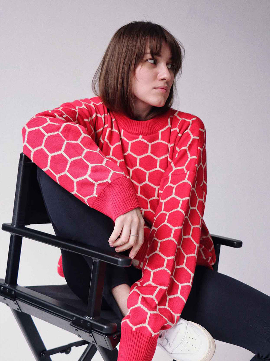 Damen Gemusterter Sweatshirt mit niedlichem Wabenmuster und lockerer Passform Drune