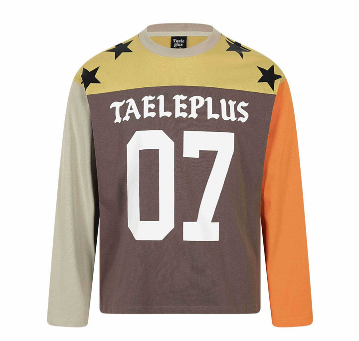 Unisex Langarmshirt im Vintage-Sportstil mit Nummernprint und Stern-Applikationen Drune