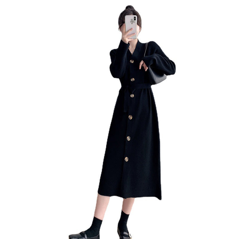 Damen Knielanges Strickkleid mit Knöpfen und Gürtel Drune