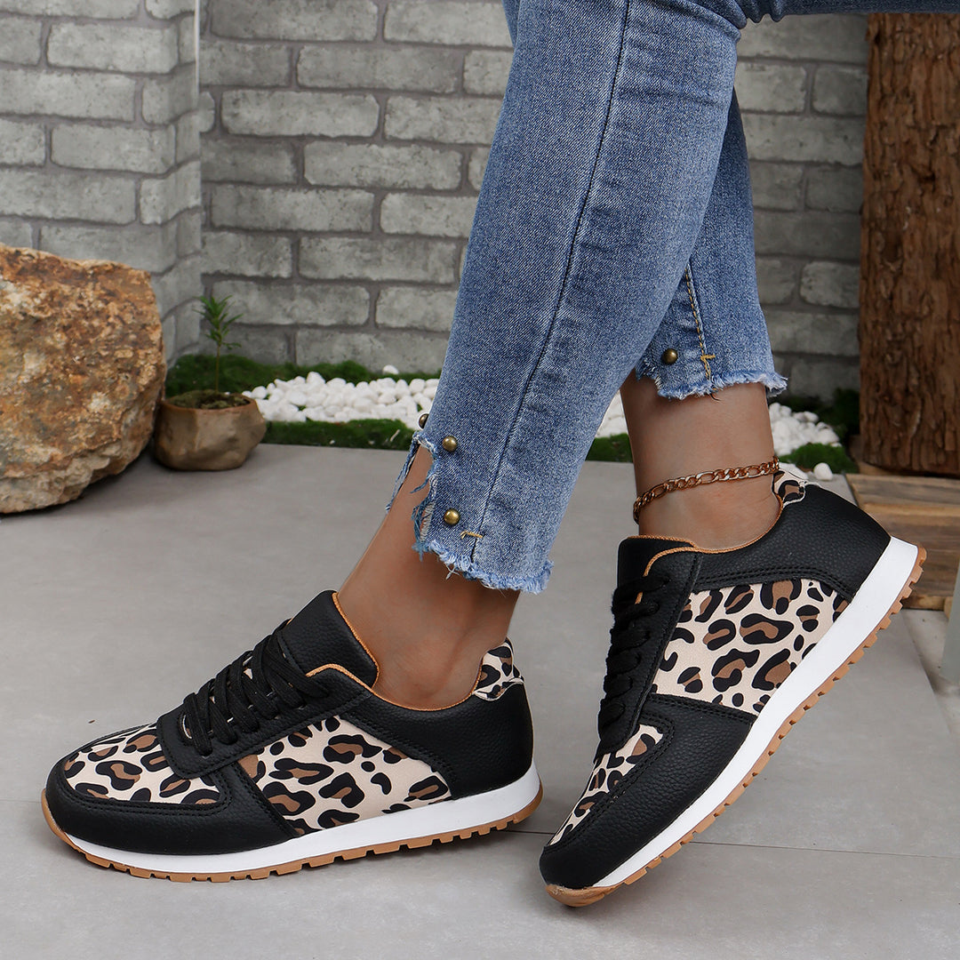 Damen sportliche Leoparden-Print Retro-Sneaker mit gepolstertem Komfortfußbett und profilierter Gummisohle Drune