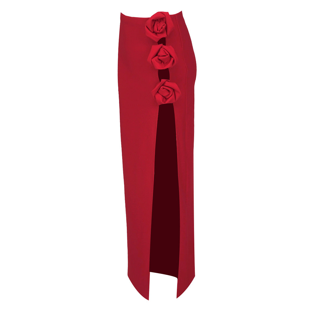 Damen eleganter, figurbetonter Rock mit Blumenapplikationen und seitlichem Schlitz Drune