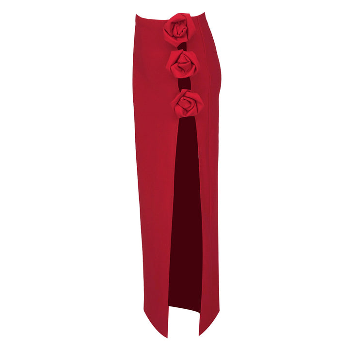 Damen eleganter, figurbetonter Rock mit Blumenapplikationen und seitlichem Schlitz Drune