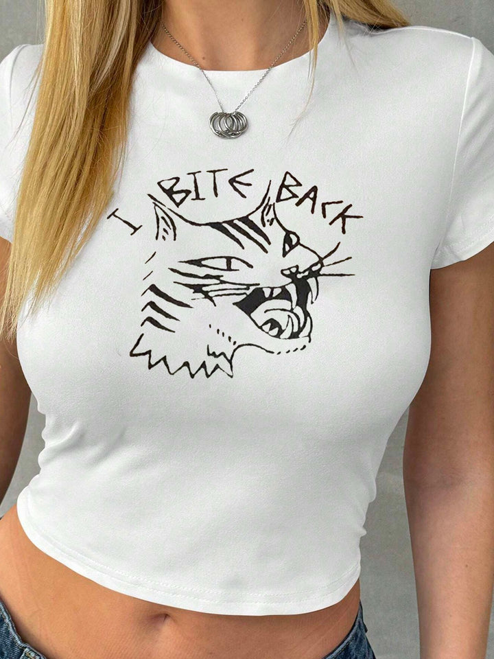 Damen Crop-T-Shirt mit kreativem Lippenmotiv und figurbetontem Schnitt Drune