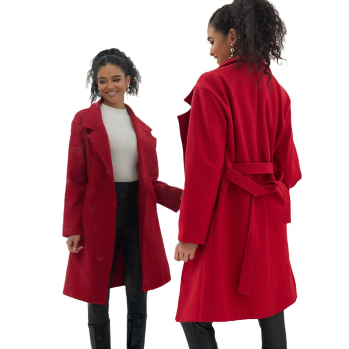 Damen Eleganter knielanger Zweireihiger Wollblend-Mantel mit Reverskragen Drune