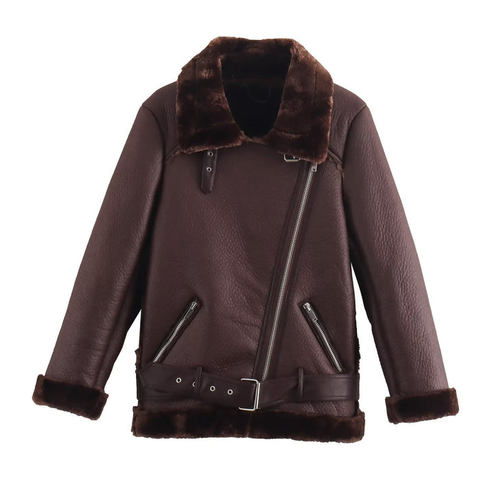 Damen nan taillierte Bikerjacke im Aviator‑Look mit Kunstfellfutter, asymmetrischem Reißverschluss und Taillengürtel Drune