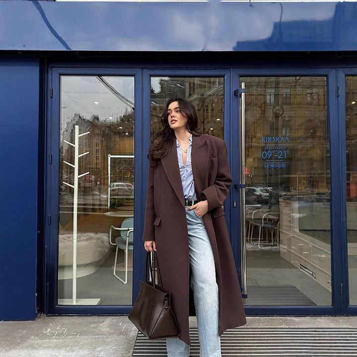 Damen Langmantel mit geradem Schnitt, kaschierendem Oversize-Revers und Eingrifftaschen Drune
