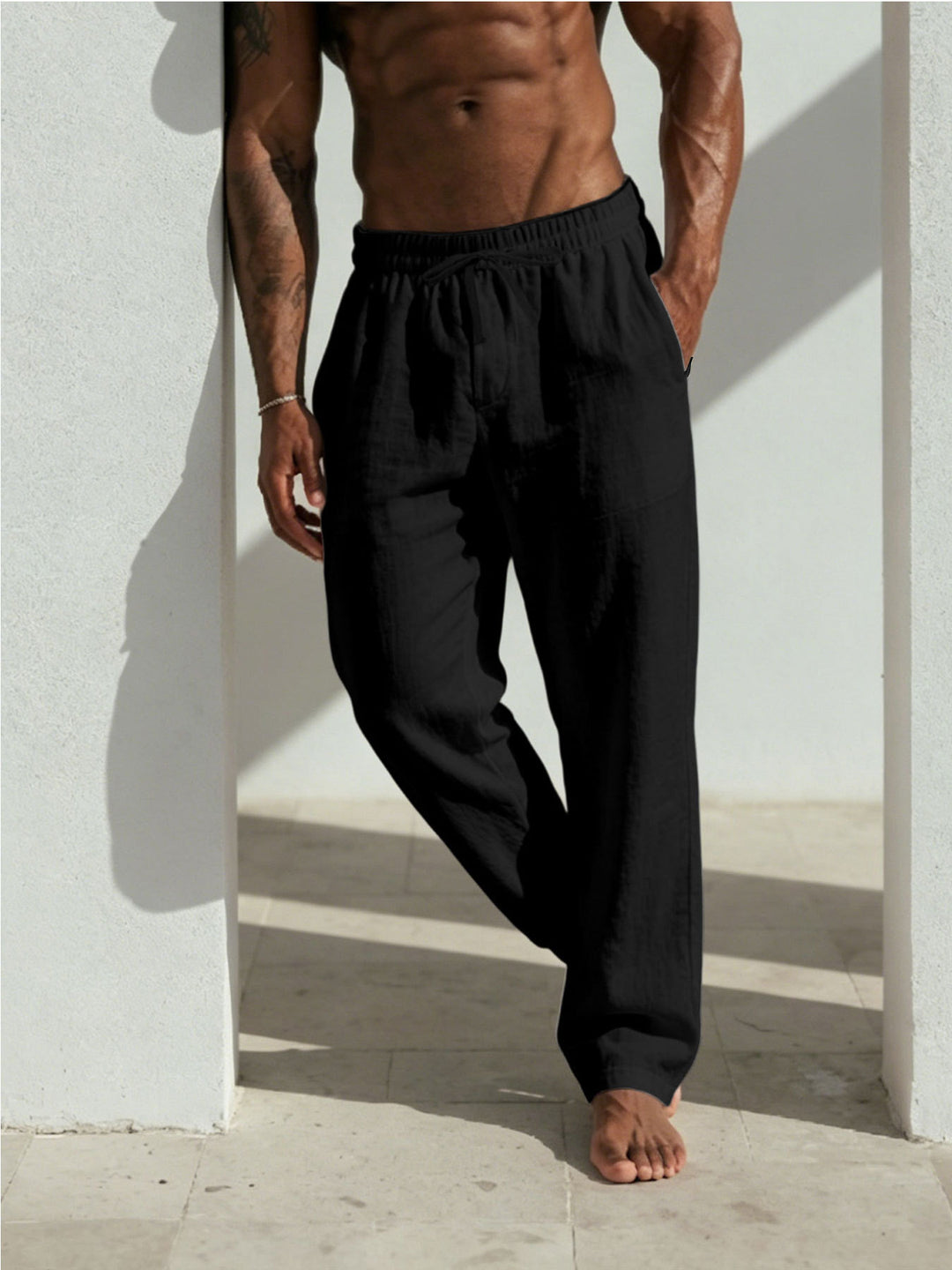 Herren Sommerliche Relaxhose aus Leinenmischung mit geradem Bein und Tunnelzug Drune
