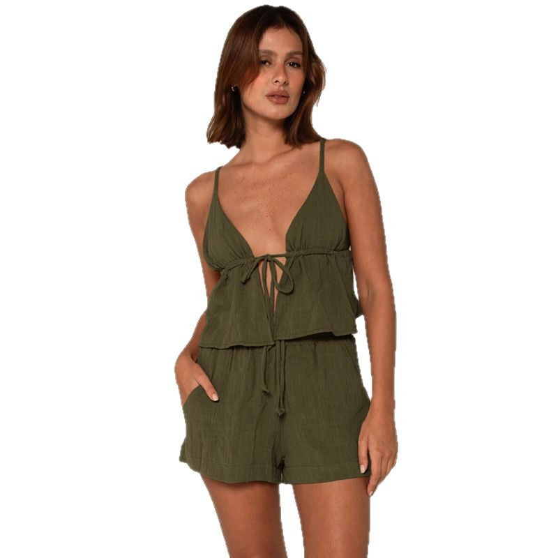 Damen elegantes Halter-Top mit herausragender Raffung und kurzen Shorts Drune