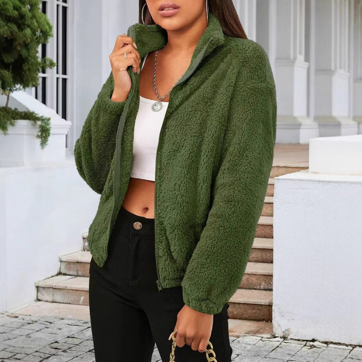 Damen Teddyjacke im lässigen Oversized-Stil mit hohem Kragen und Reißverschluss Drune