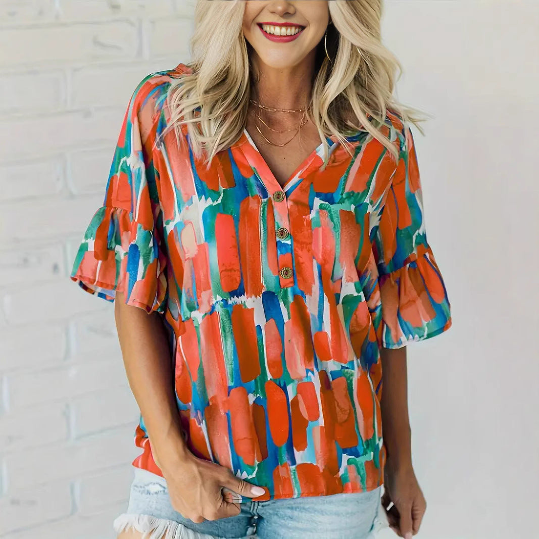 Damen Kurzarm Bluse mit buntem Grafikdesign Drune