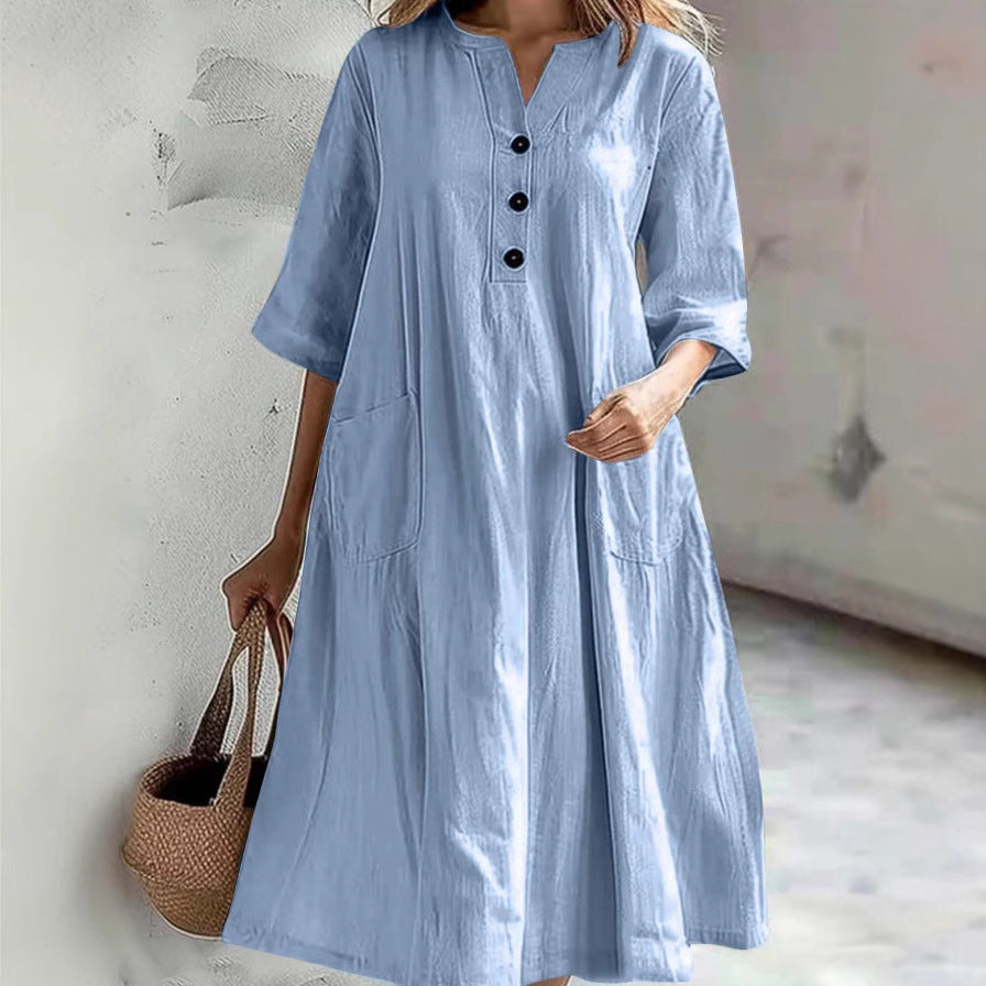 Damen lässiges Baumwollkleid mit Knopfleiste und praktischen Taschen Drune