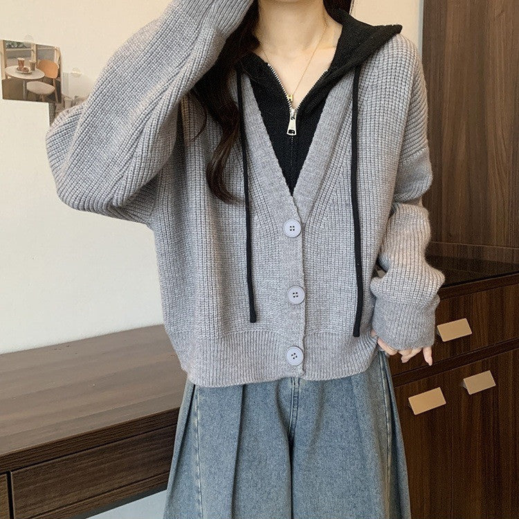 Damen lässiger Strickcardigan mit Kapuzendetail und Knopfverschluss Drune