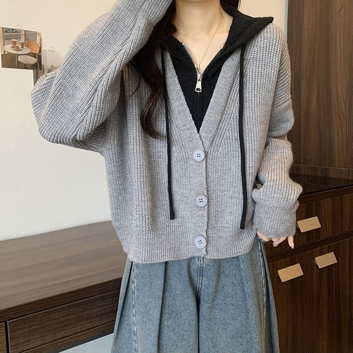 Damen lässiger Strickcardigan mit Kapuzendetail und Knopfverschluss Drune