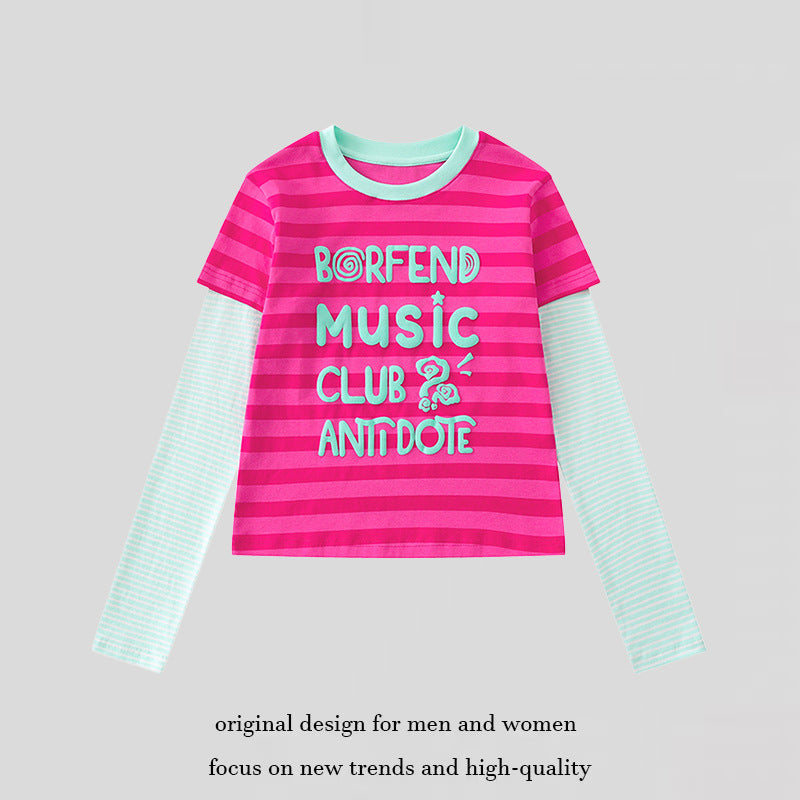 Damen Lagen-Langarmshirt im Layer-Look mit kontrastierenden Streifenärmeln und typografischem Print Drune