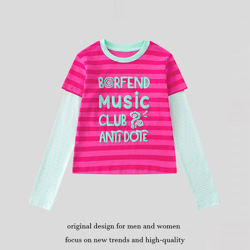 Damen Lagen-Langarmshirt im Layer-Look mit kontrastierenden Streifenärmeln und typografischem Print Drune