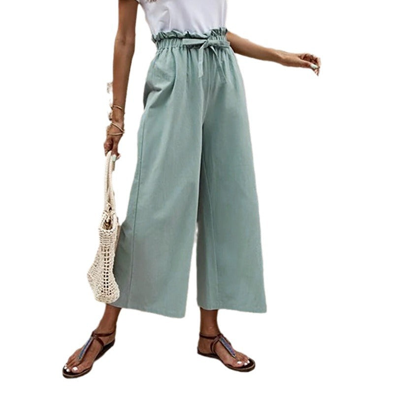 Damen Weit geschnittene Sommerhose mit elastischem Bund und modischem Bindegürtel Drune