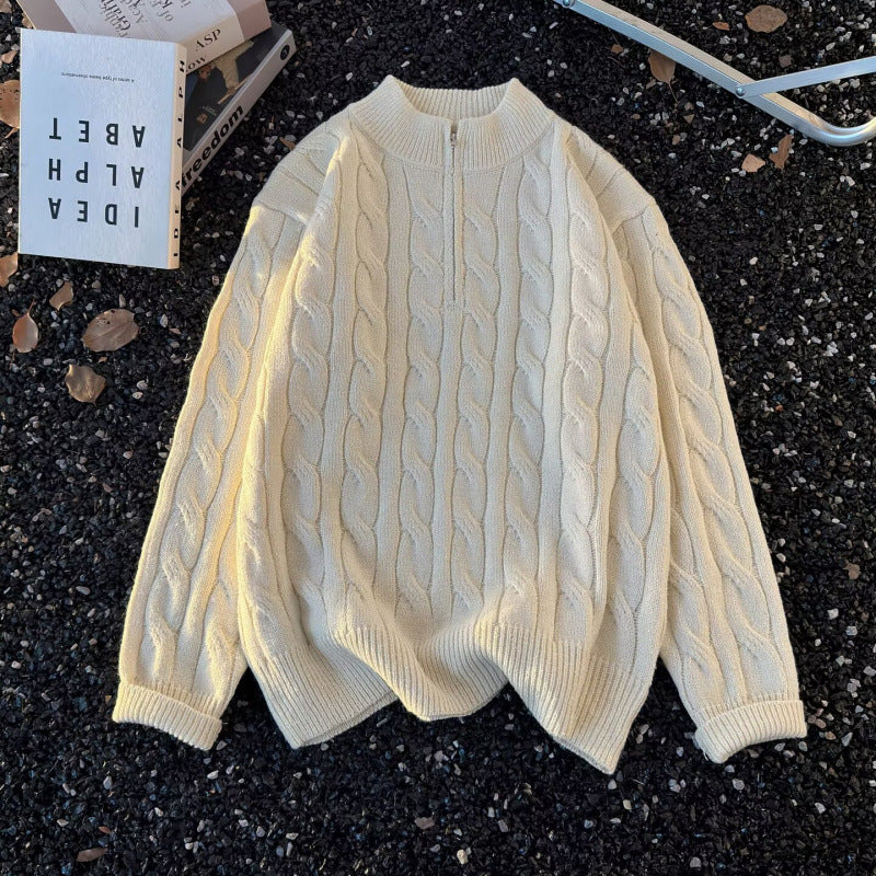 Unisex Oversize-Zopfmuster-Halbzip-Pullover mit extra hohem Rippkragen und schwerer Baumwollmischung Drune