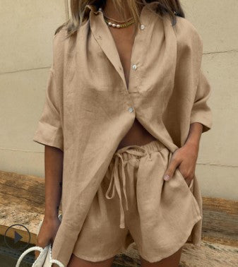 Damen lässiges Leinen-Set mit oversized Hemd und kurzen Hosen Drune