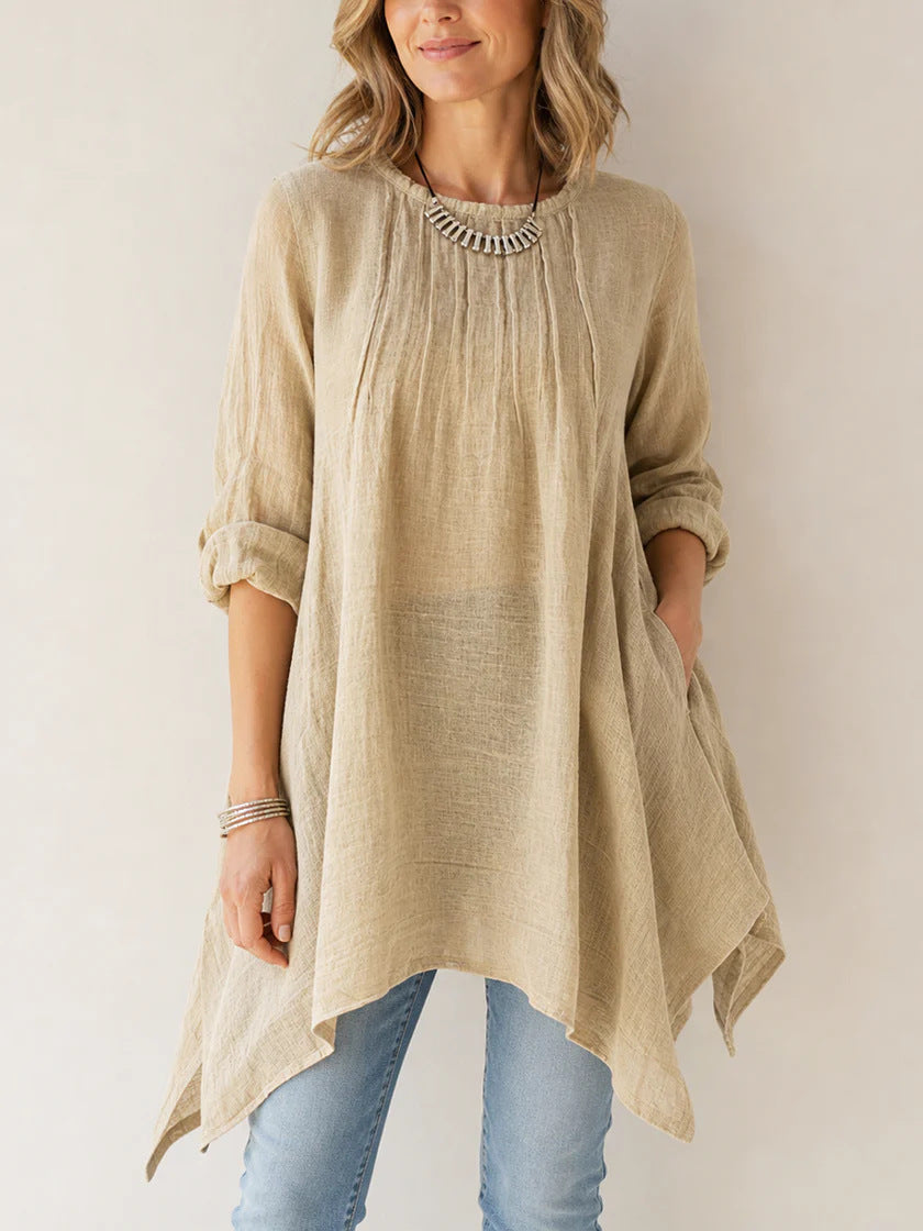 Damen Lässige Tunika-Bluse mit asymmetrischem Saum, feiner Waffelstruktur und Kellerfalten Drune
