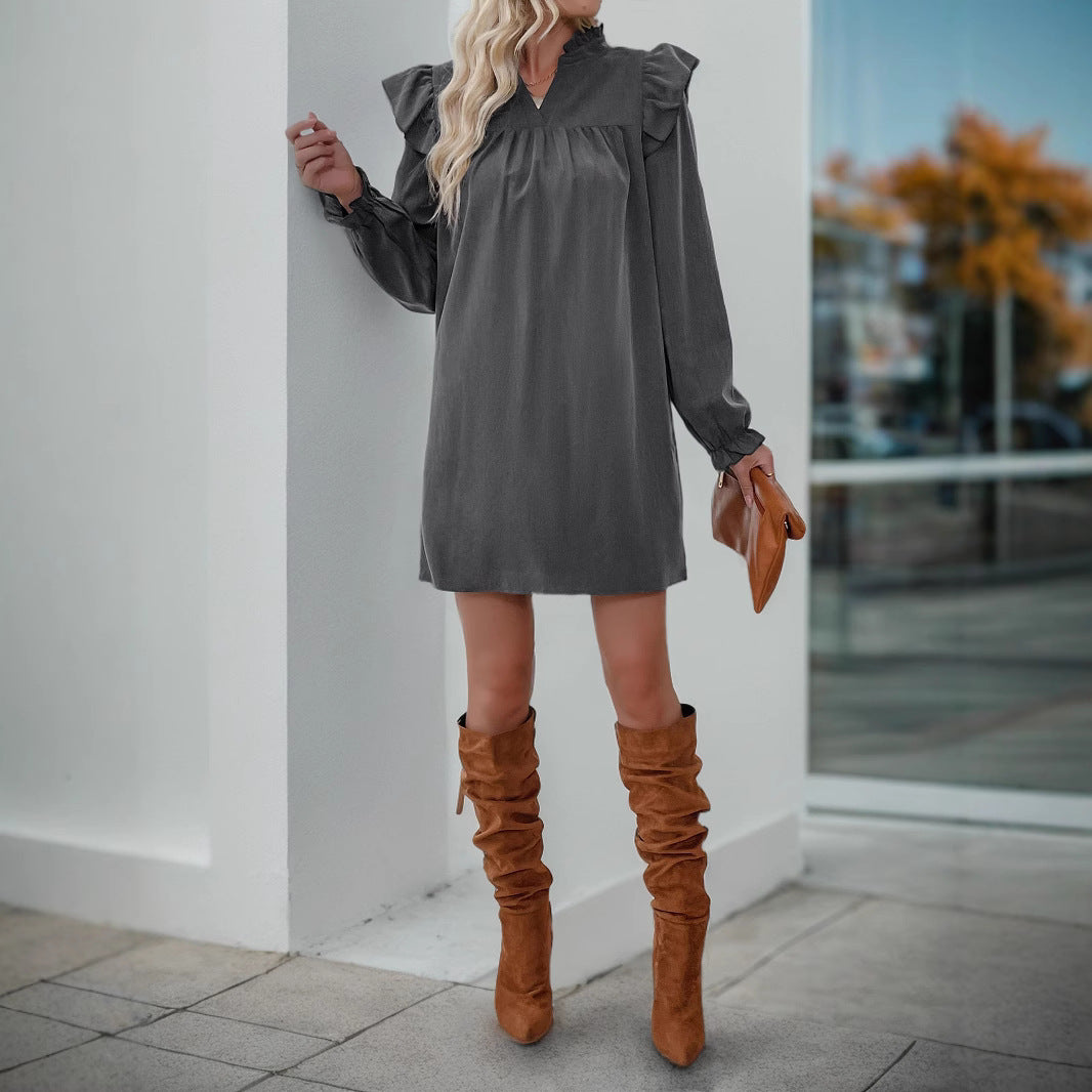 Damen Volant-Hemdkleid mit geraffter Passe, Stehkragen und elastischen Manschetten Drune