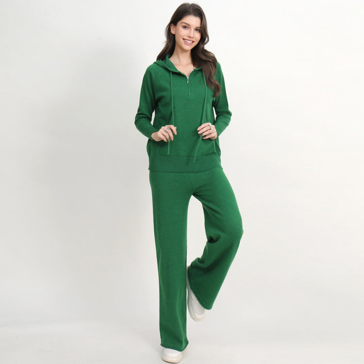 Damen lässiges Strick-Loungewear-Set mit Kapuze und weitem Bein Drune
