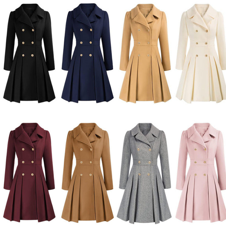 Damen taillierter Trenchcoat mit doppelter Knopfreihe und Falten Drune