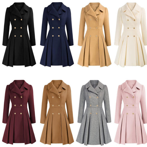 Damen taillierter Trenchcoat mit doppelter Knopfreihe und Falten Drune
