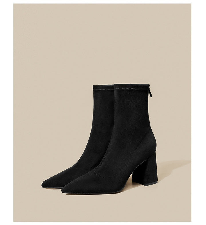 Damen Spitze Sock‑Ankle‑Boots mit skulpturellem Blockabsatz und Stretch‑Veloursoptik Drune
