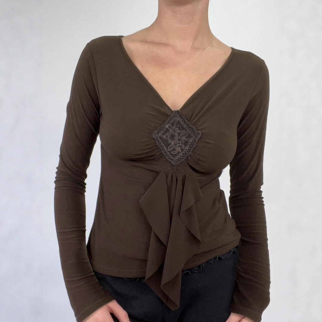 Damen nan figurbetontes Langarmshirt mit Drapé-Vorderteil und gehäkelter Mittelapplikation Drune
