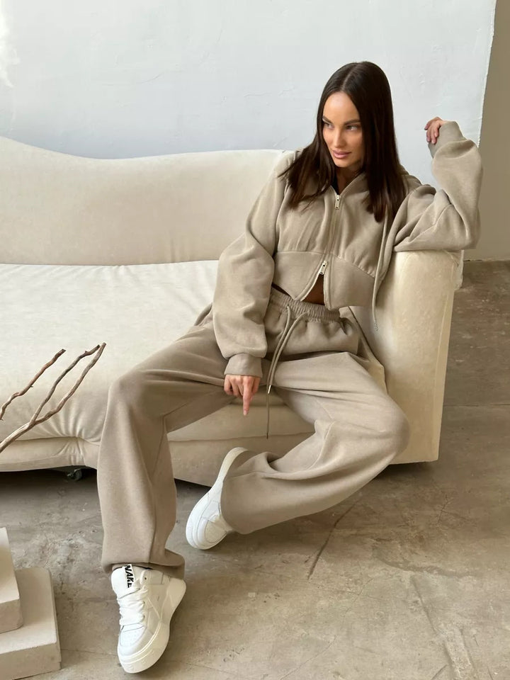 Damen Kurzgeschnittenes Zip-Hoodie mit Kordelzug‑Taille und weiter Palazzo‑Jogginghose Drune