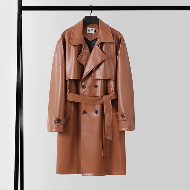 Herren Lederimitat-Trenchcoat mit Doppelreiher, Oversize-Schnitt und Manschettenriegel Drune