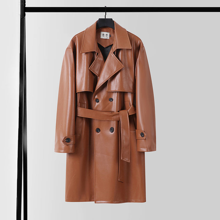 Herren Lederimitat-Trenchcoat mit Doppelreiher, Oversize-Schnitt und Manschettenriegel Drune