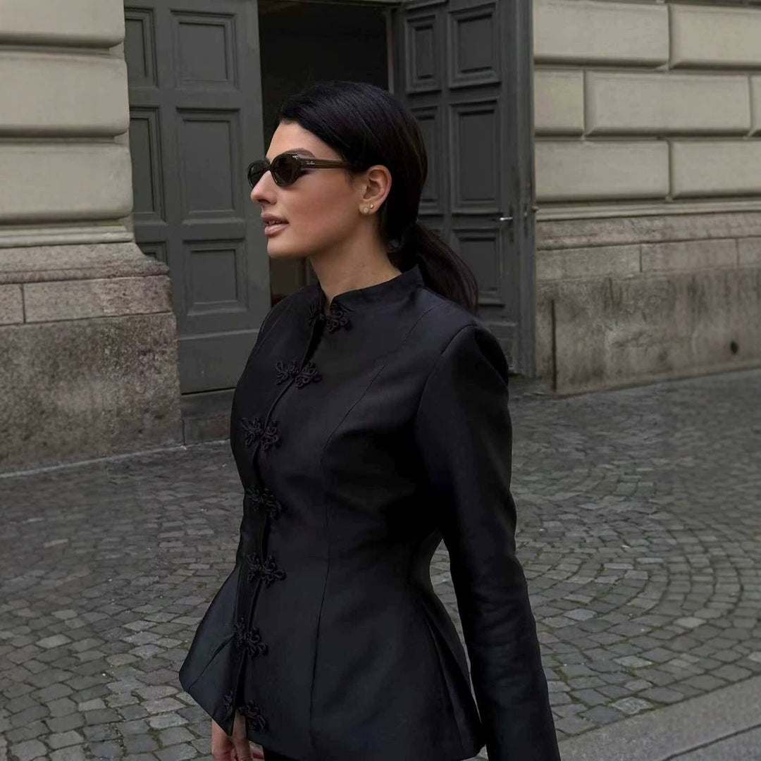 Damen Taillierte Satinjacke mit Stehkragen und Zierknotenverschlüssen Drune