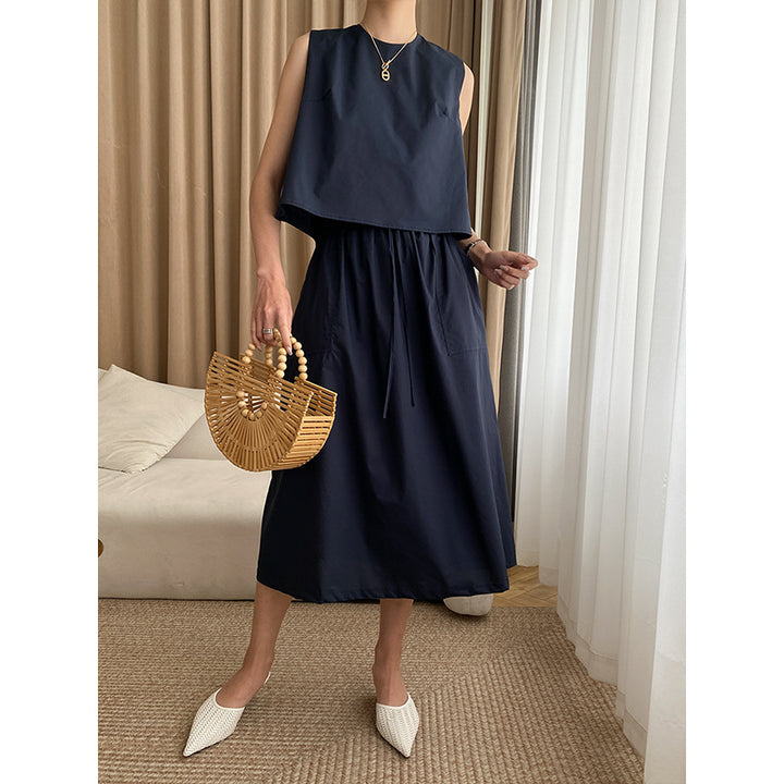 Damen elegantes Maxikleid mit Schaufelausschnitt und elastischem Bund Drune