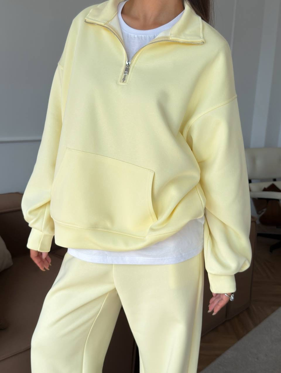Damen nan weites Halfzip-Lounge-Set mit Kapuzenpullover, Kängurutasche und fließender Wide-Leg-Hose Drune