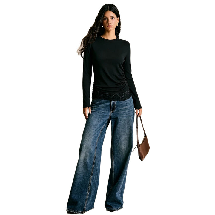 Damen figurbetontes geripptes Langarmshirt mit seitlicher Raffung und Spitzen-Saum Drune
