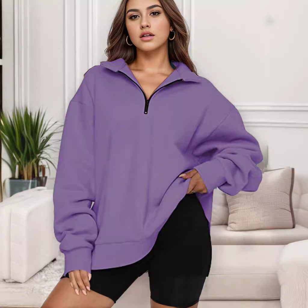 Damen nan übergroßes Sweatshirt mit Halbreißverschluss und Stehkragen Drune