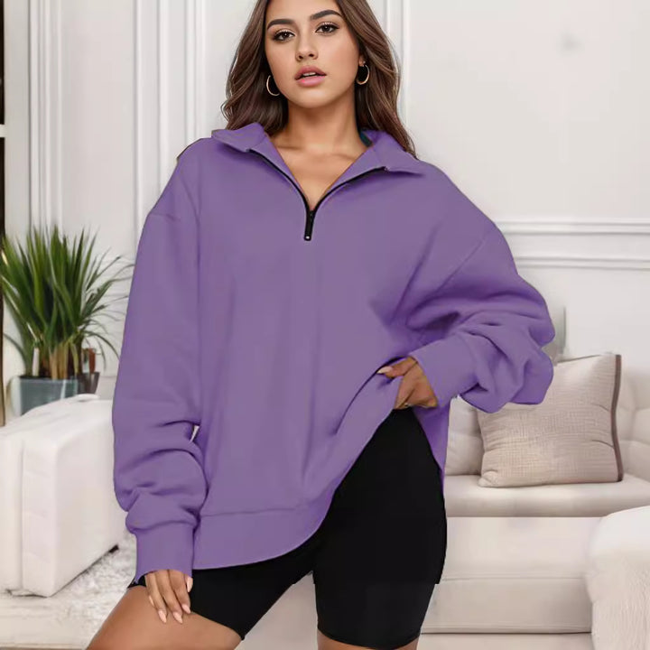 Damen nan übergroßes Sweatshirt mit Halbreißverschluss und Stehkragen Drune