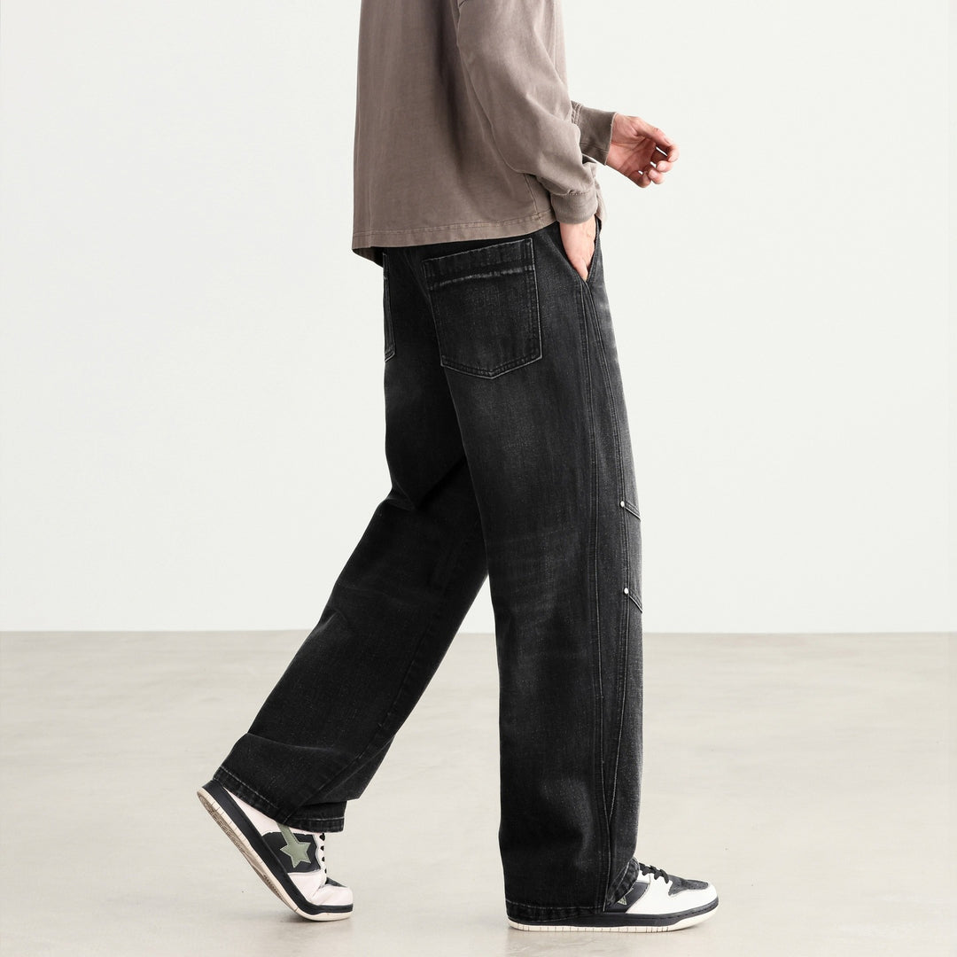 Herren Weite Denim-Hose mit Tunnelzugbund, Paneelnähten und Used-Waschung Drune